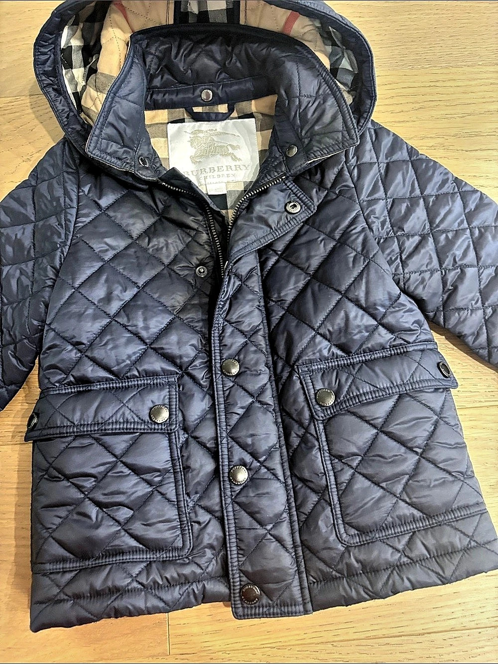 Burberry Children Hooded Quilted Jacket Blue & Black 3Y